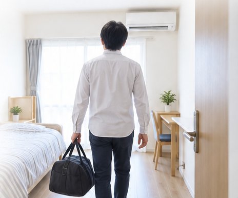 バッグを持って寮の部屋に入る男性